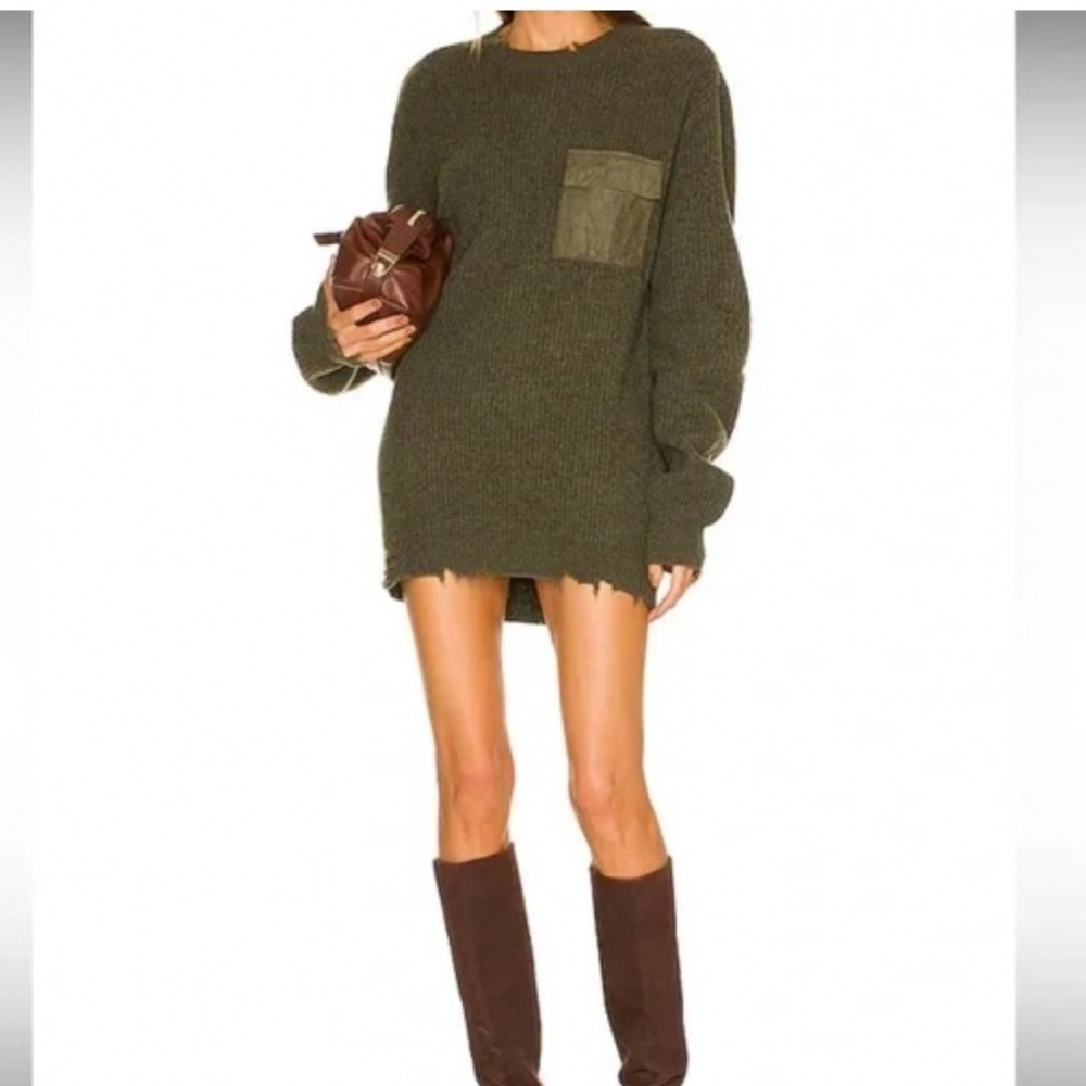 SEROYA Distressed Knit Sweater Unisex Large Olive Green Excellent Ribbed Cotton‎